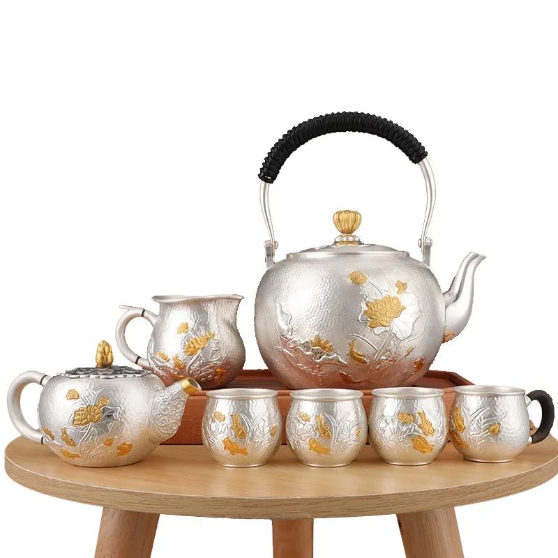 Juego de t&eacute; hecho a mano de plata de ley 999, tetera japonesa retro, tetera para el hogar, oficina, ceremonia del t&eacute;, Kungfu, 1300ml-5