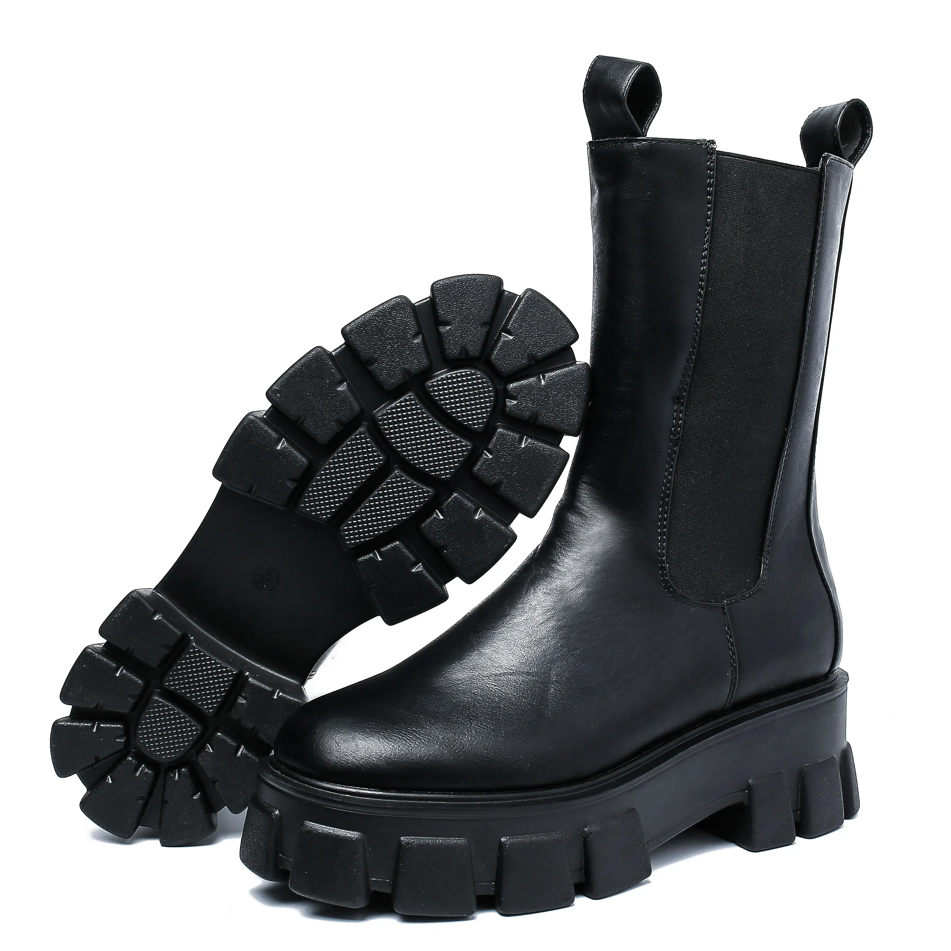 

BLACK WIDE FIT EXTREME CHUNKY SOLE CALF HIGH CHELSEA BOOTS