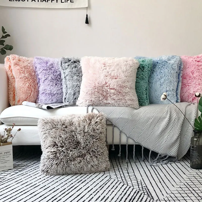 

45x45cm solid color long plush cushion cover sofa chair bed fluffy fur throw pillowcase warm decorative throw pillow cover
