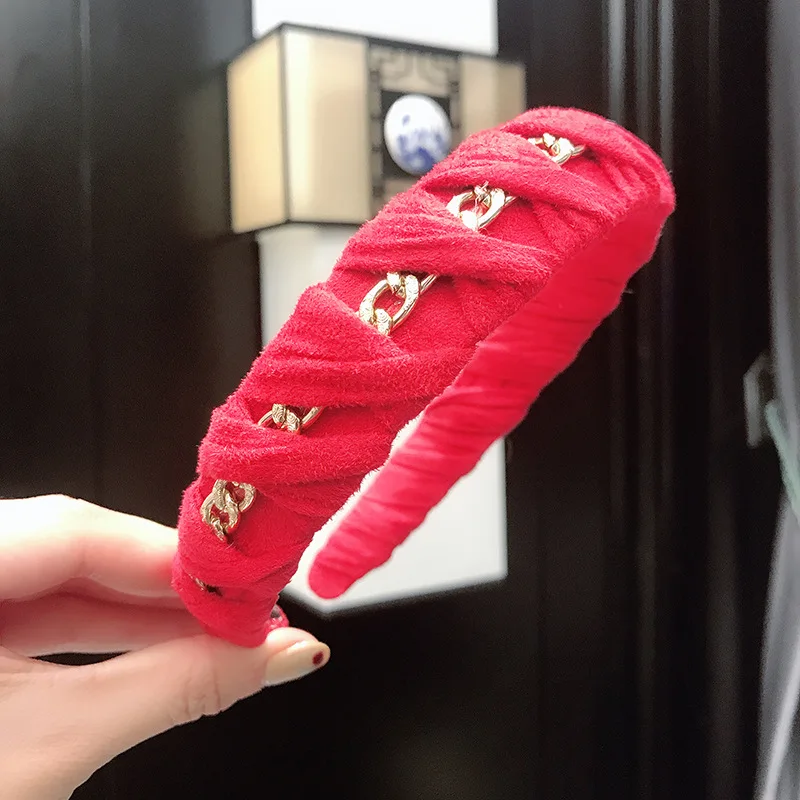 

New Metal Chain Women Hairbands Solid Flannel Autumn Winter Headband Girls Non-slip Hair Hoop Solid Color Braided Head Hoop Hot