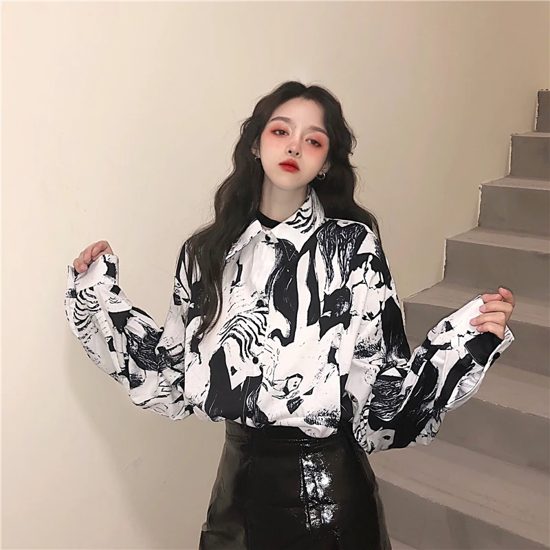 

Loose Turn-down Collar Shirts for Women Clothing Korean Ins Hipster Print Long Sleeve Ladies Tops Fashion Spring Casual Blouses