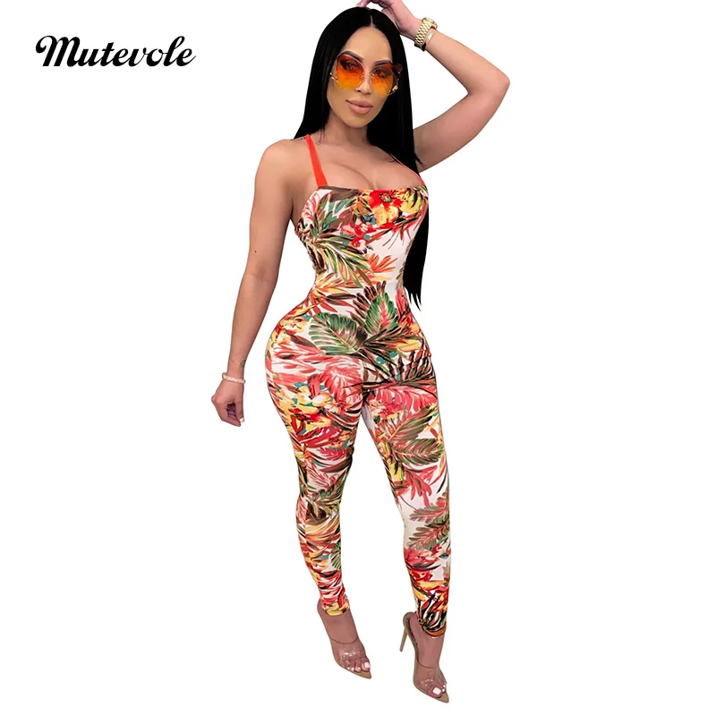 Mutevole Leaves Print Bodycon Bandage Jumpsuit Women Bohemian Spaghetti Strap Patchwork Sexy Summer Sleeveless | Женская одежда