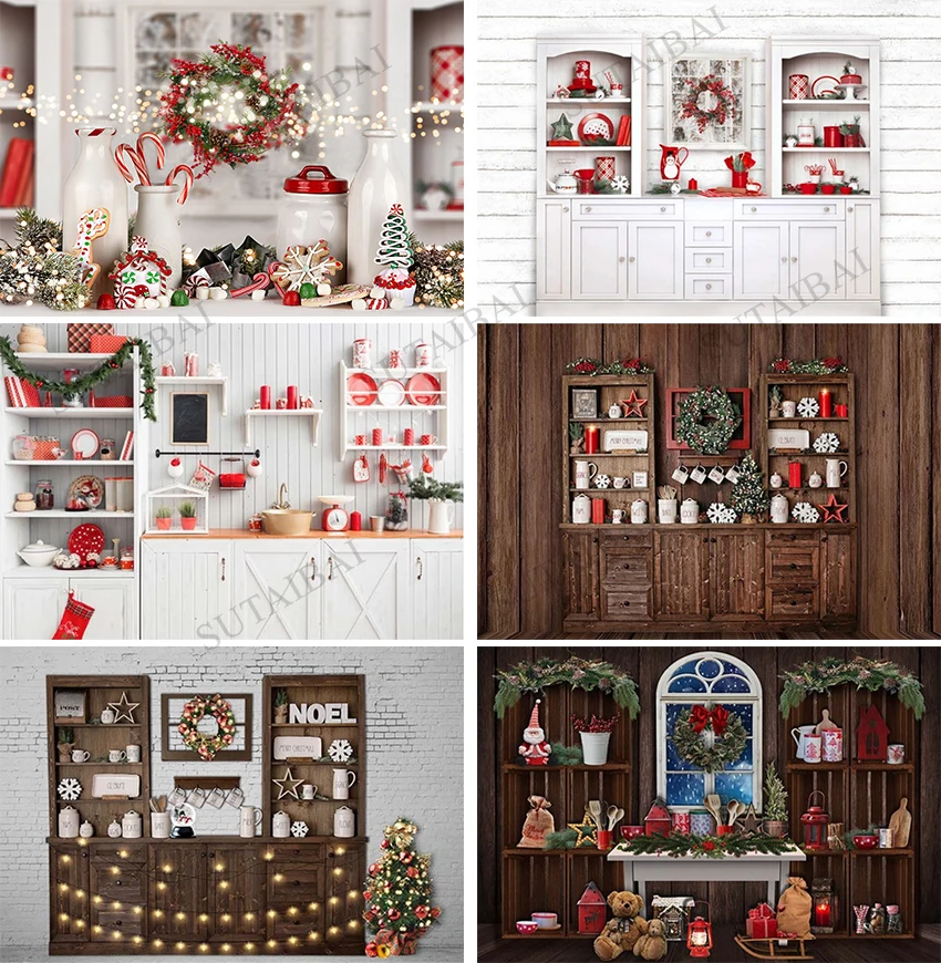 

Christmas Kitchen Backdrops for Photography Brown Wood Cupboard Backgrounds for Photo Studio Christmas Tree Decorations Supplies