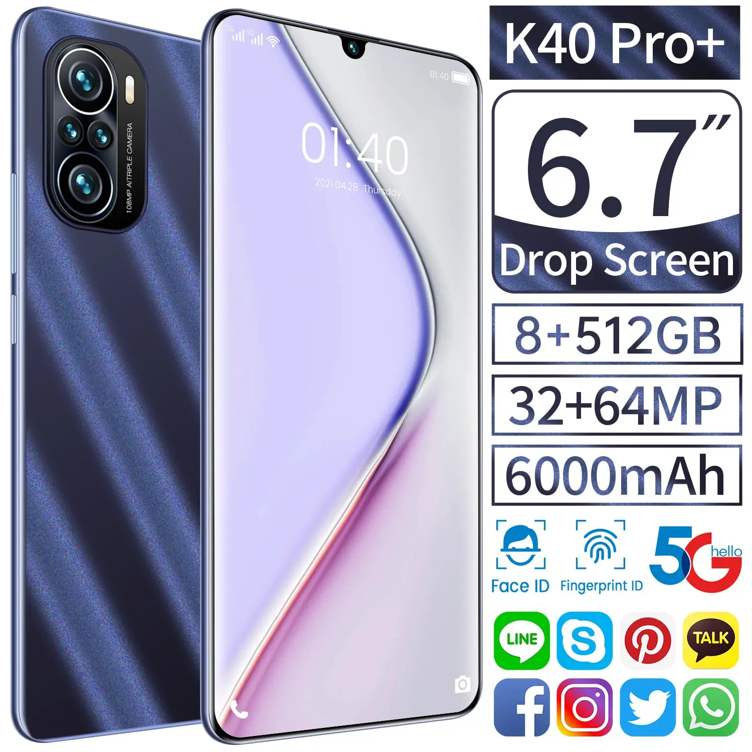 

K40 Pro + Smart Phone 8gb Ram 512gb Double Sim Rom + Micro Sd 6000mah 5g Lte Tracks 32 + 64mp Mobile Phone Andriod 11