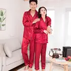 Шелковый Атласный мужской пижамный комплект, модная одежда для сна, однотонный костюм с длинным рукавом для пары