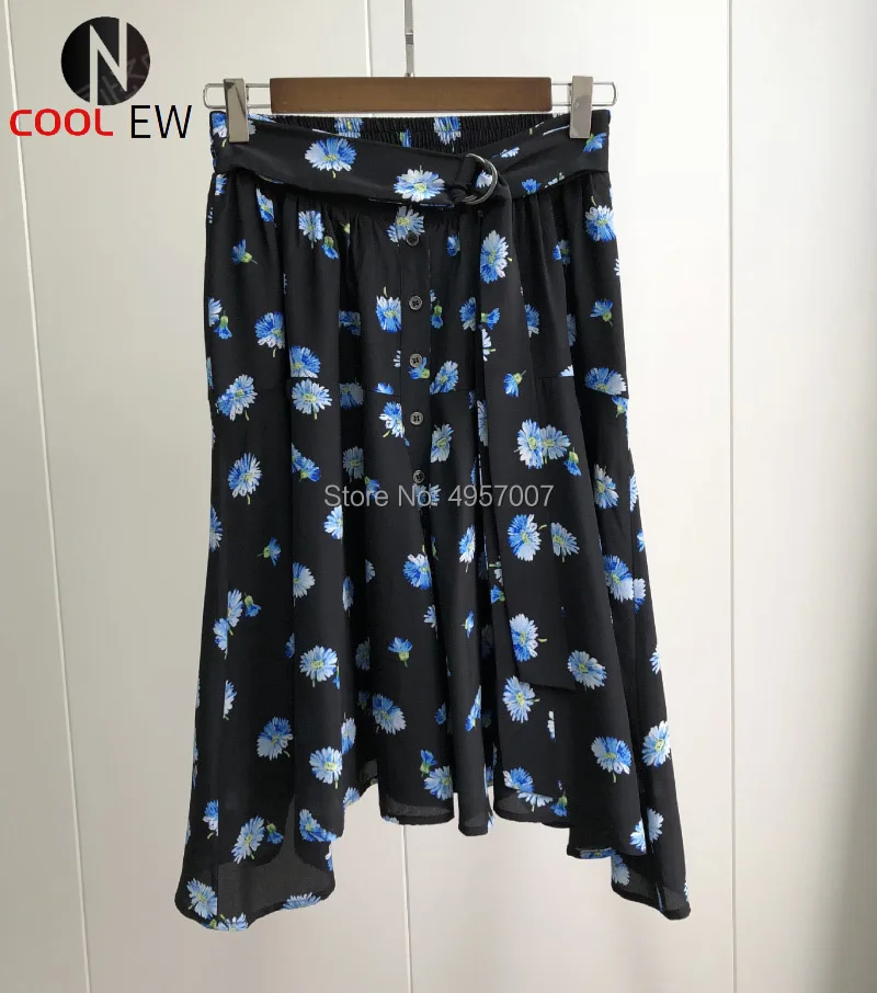 

Женская юбка из шелка и вискозы, короткая ассиметричная юбка с синим принтом маргариток, модель Elfbop на пуговицах