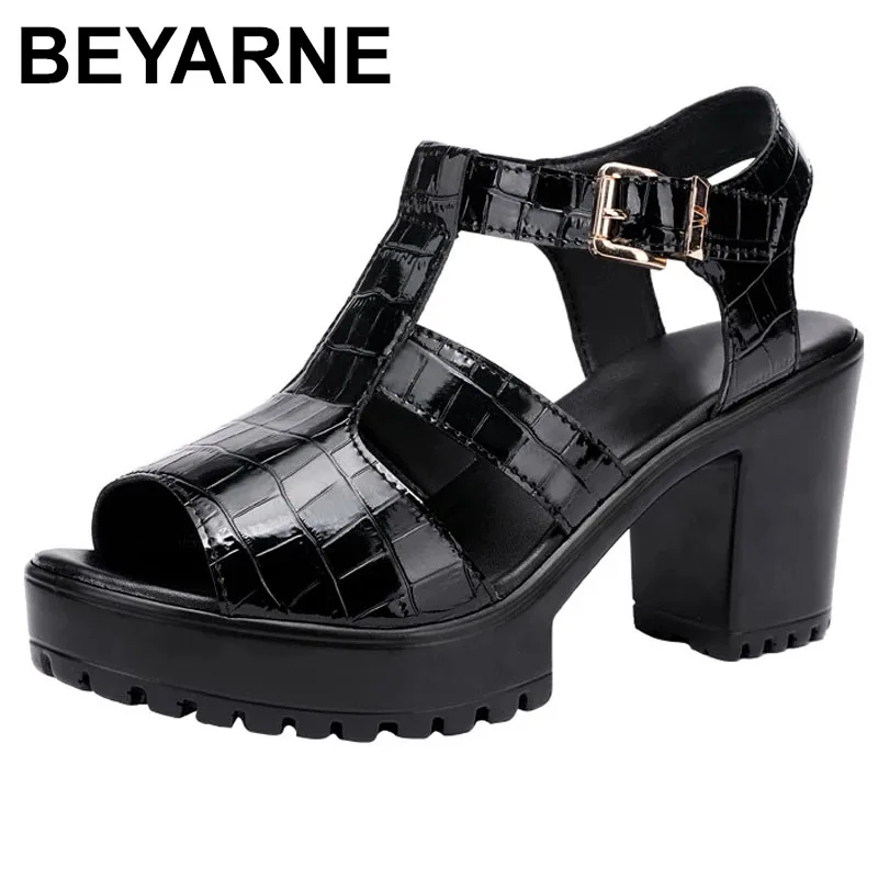 

BEYARNE Small Plus Size32-43Block Heel Platform Sandals Patent Leather Summer2021Buckle Elegant High Heels Sandals Women Thick