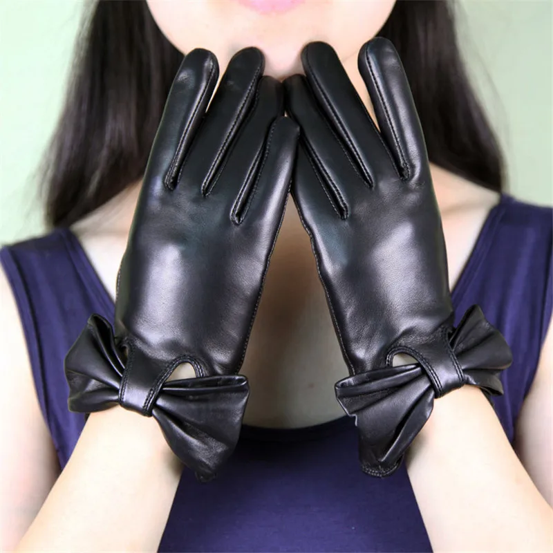 black silky lined Черные женские перчатки из овчины, натуральная кожа, с бантом-бабочкой, перчатки для вождения, зимние теплые бархатные, Прямая с фабрики, XC-223 - Цвет: black silky lined