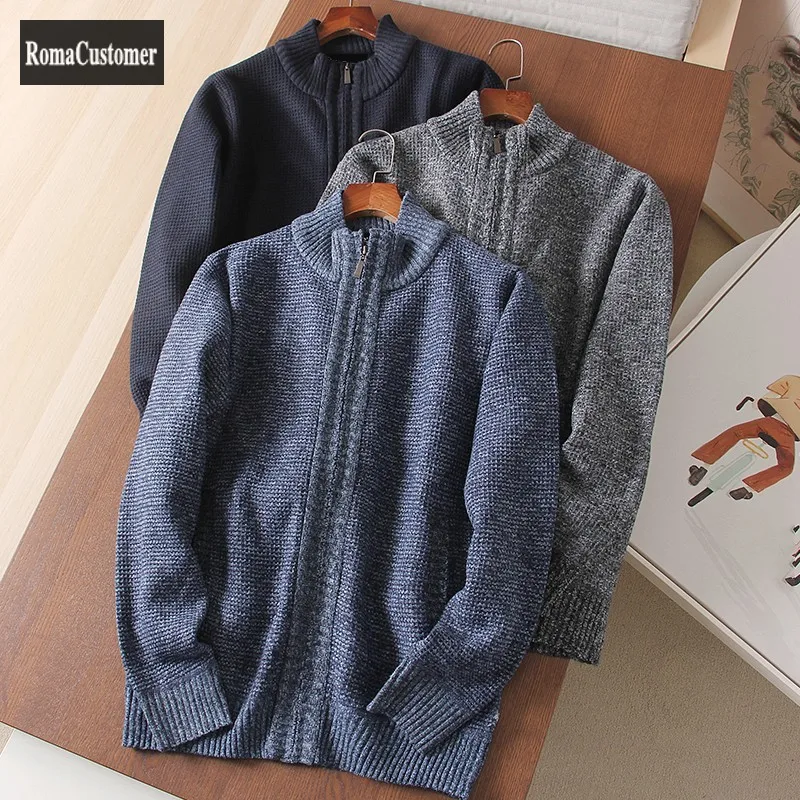 

Vintage Mens Autumn Winter New Plus Velvet Thicken Business Warm Zippers Knitted Sweater Long Sleeve O-Neck Jackets Male Coat
