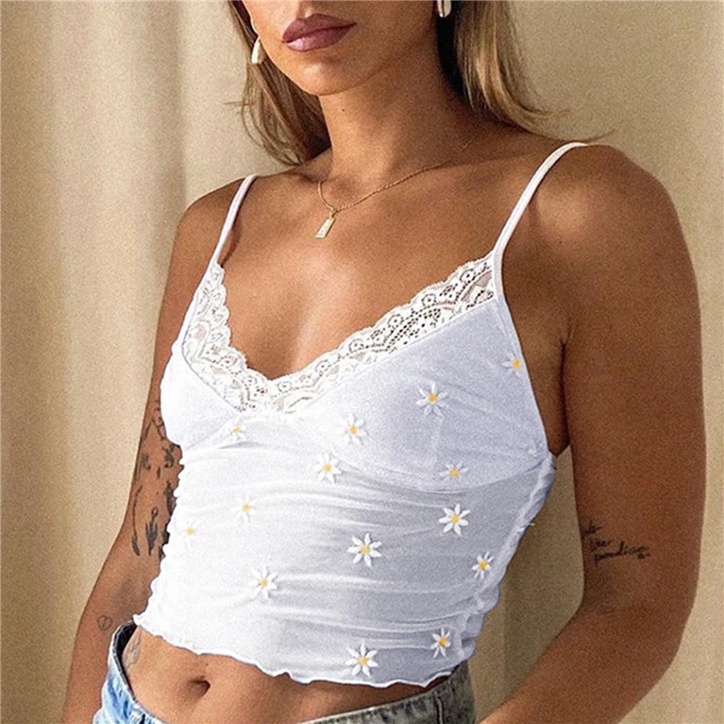 

White Lace Camisole Sexy Sleeveless Spaghetti Strap Top Summer Printed Backless Crop Tops Women V Neck Printed Cami