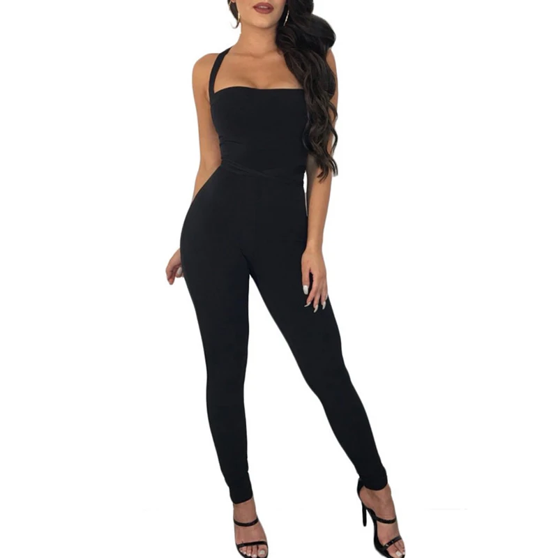 

Womens Bodycon Jumpsuit 2018 Backless Criss Cross Bandage Strapless Black Long Jumpsuit Rompers Sexy Slim Bodysuit Club Overalls