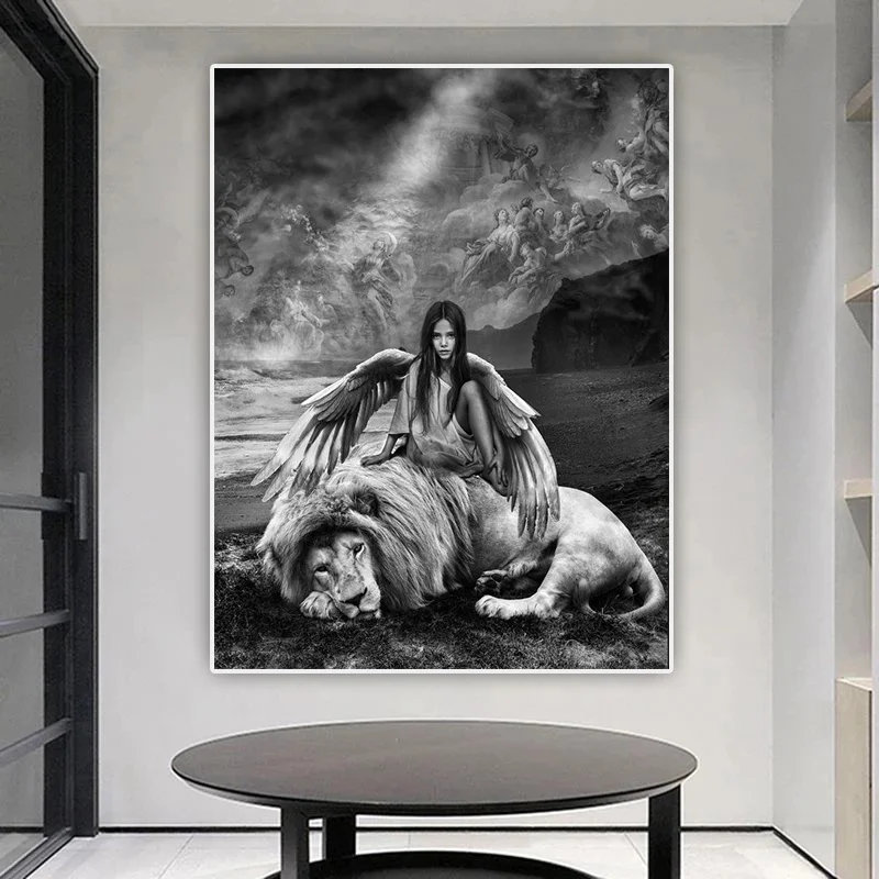 

Retro Girl Angel with Lion Art Canvas Painting Black and White Poster Print Wall Art Picture for Living Room Home Decor Cuadros