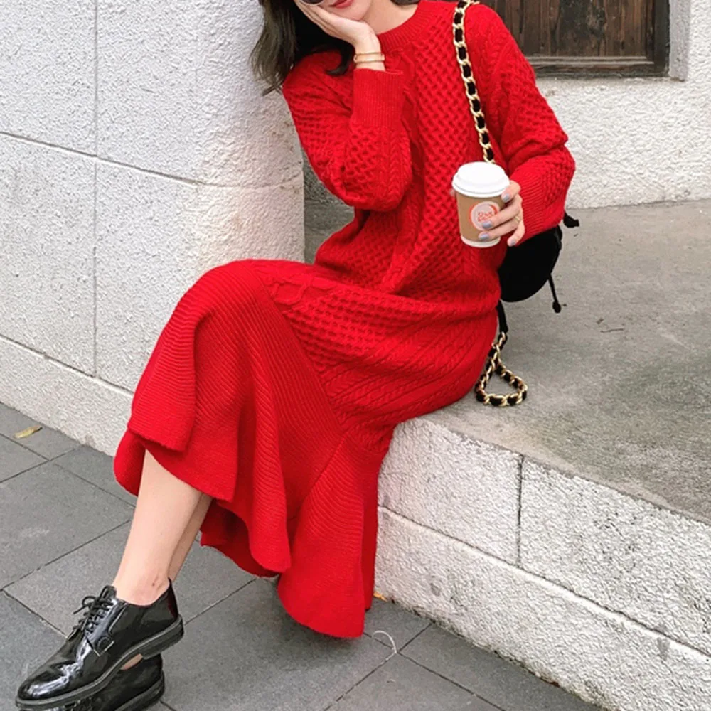 Women Knitted Long Sleeve Sweater Dress Korean Fashion Round Neck Casual Loose Jumper Pullover Young Ladies Mermaid Maxi Dresses