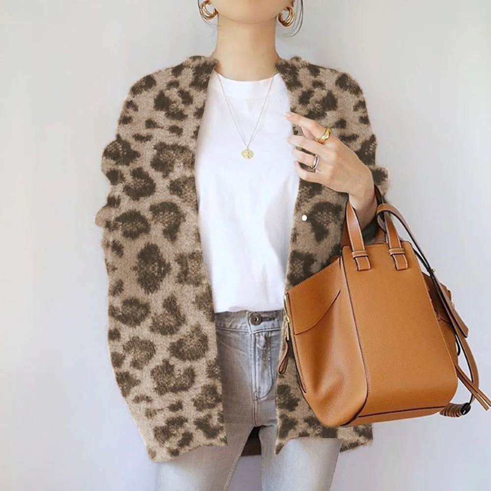 

Sweater Women Fashion Leopard Harajuku Spring Autumn Fall Korean Japanses Short Streetwear Jacket V Neck Knitted Cardigan