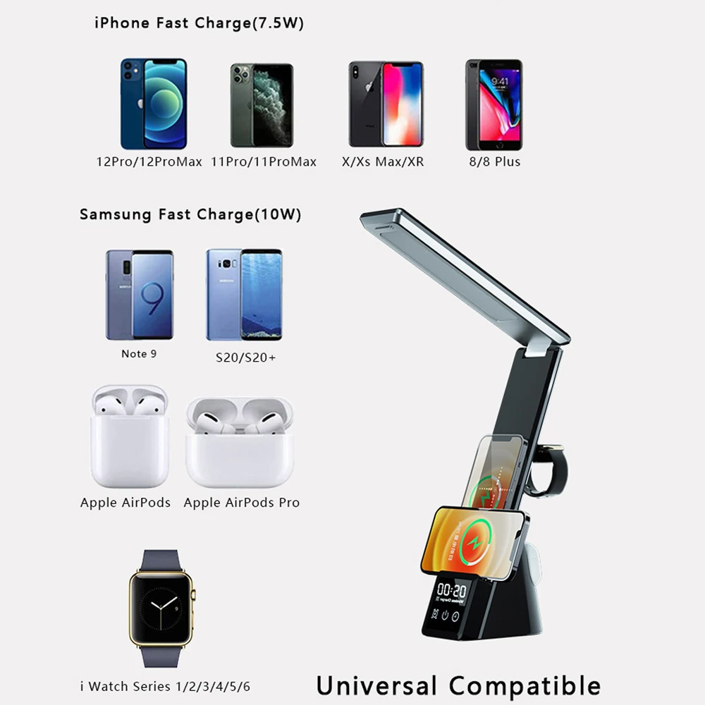 5 в 1 Беспроводное зарядное устройство будильник настольная лампа подставка для