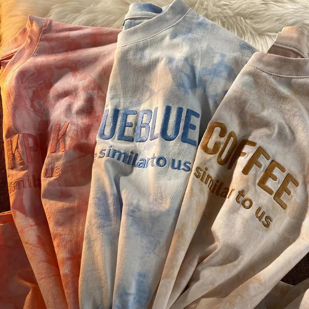 

Short Sleeve T-shirts Women Letter Embroidery Tie Dye Oversize Hip Hop Loose Korean Style All-match Students Simple Chic O-neck