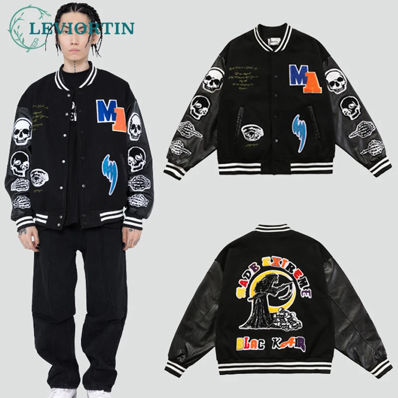 2021 Streetwear Men’s Baseball Coat Bomber Jacket Hip Hop Harajuku Armband Skull Letter Embroidery Cotton Outwear Jacket Unisex