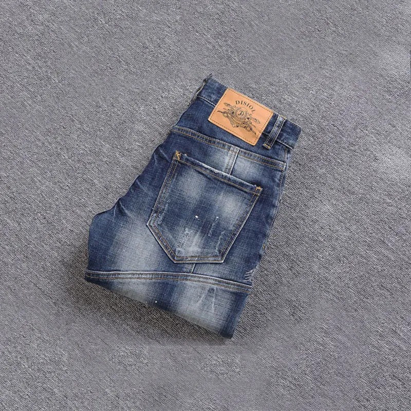 

Italian Style Fashion Men Jeans Retro Blue Elastic Slim Ripped Jeans Men Patch Designer Spliced Hip Hop Denim Punk Biker Pants