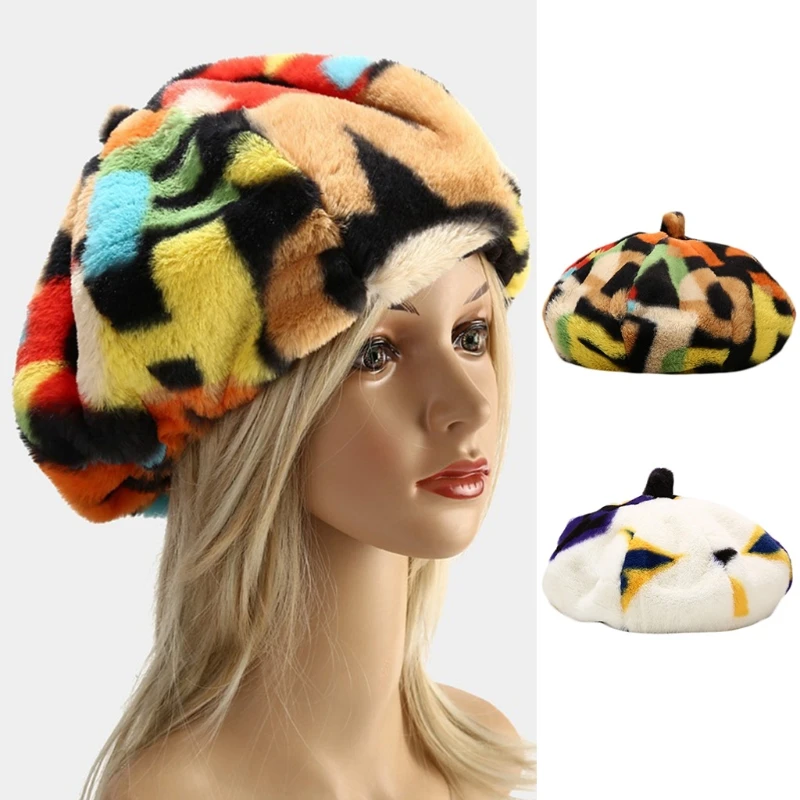 

Women Fluffy Plush Warm Octagonal Beret Cap Colorful Graffiti Letters Beanie Hat X3UE