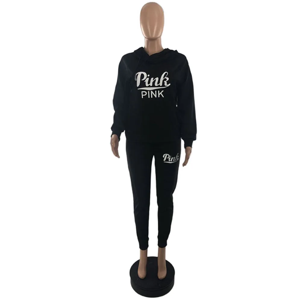 

Pink Letter Print 2 Two Piece Set Women's Sport Suit Hooded Full Sleeve Pockets Sweatshirt Hoodie+long Sweatpant Casual Outfits