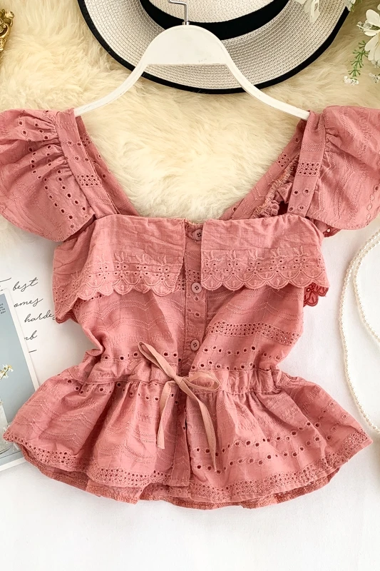 

Chic Sweet Summer Shirt Women Sexy Hollow Ruffled Short Tops 2021 New Lace-up Slim Waist Elegant Sleeveless Blouse Vest Blusas