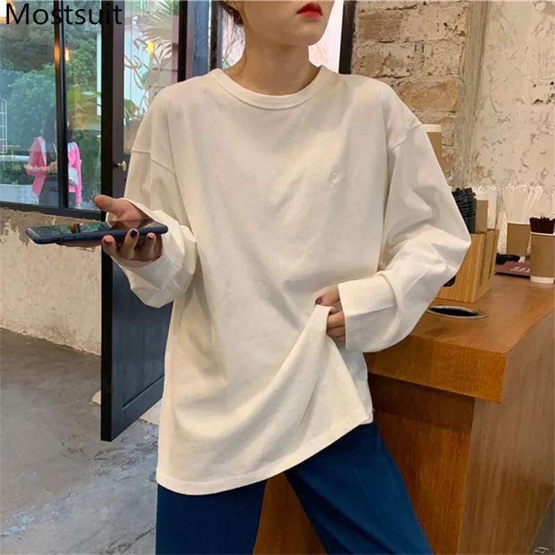 

Solid Basic Embroidered Women T Shirt Tees Spring Autumn Full Sleeve O-neck Loose Casual Fashion Tops Pullovers T-shirts 2021