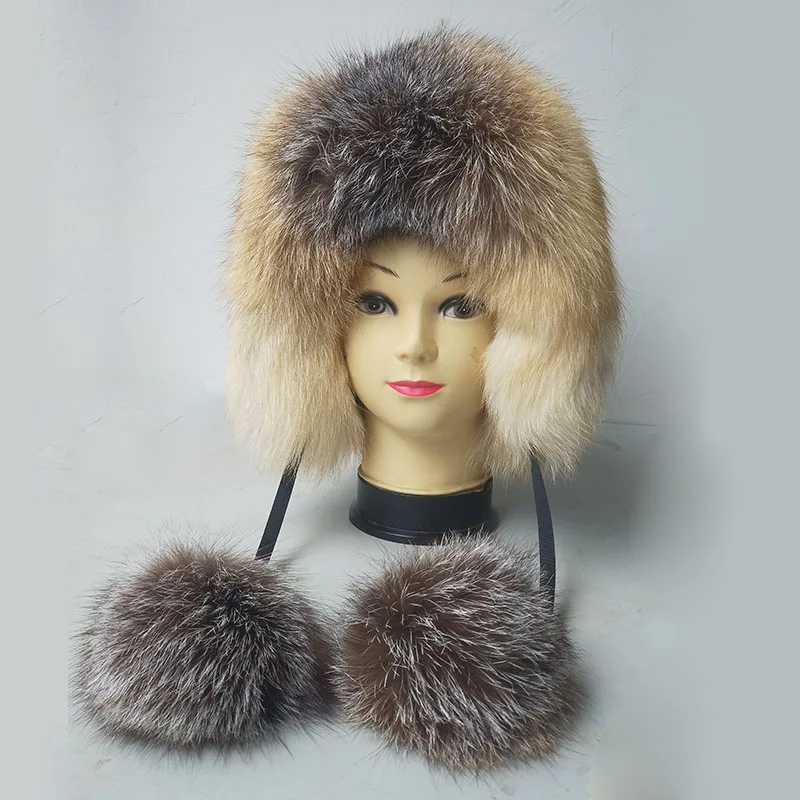 Women Winter Real Fox Fur Hat Thick Fashion EarFlap Russian Bombers Caps Ushanka Aviator trapper snow skiing Hat caps Female