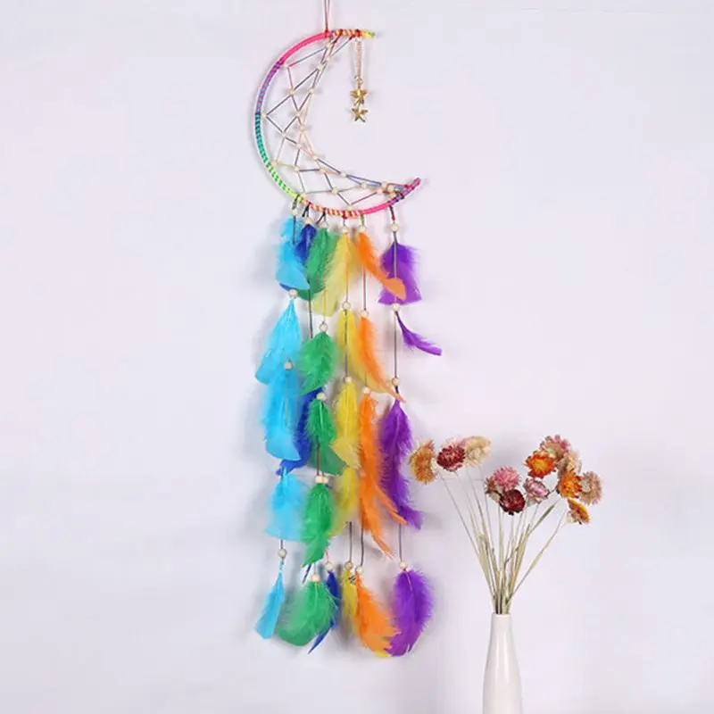 

1 Pcs Colorful Handmade Dream Catcher Net With Feathers Moon Star Wind Chimes Wall Hanging Decorations Dreamcatcher Crafts Gifts