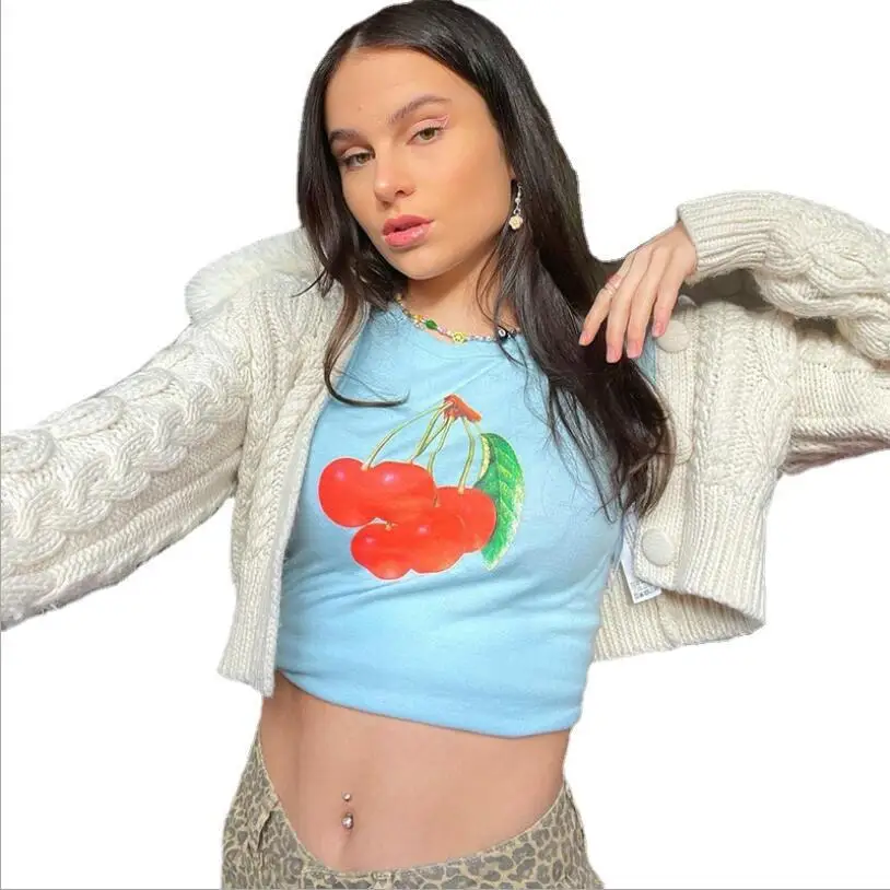 

2021 Summer New Cherry Print Short Bare Midriff Slim Fit T-shirt Casual Short-Sleeved Top Women's Clothing Women Sexy Tops