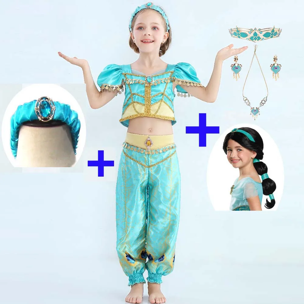 

Movie Girls Kid Summer Jasmine Princess Dance Dress 2019 Children Aladdin Halloween Party Performance Costume Top Skirt Pant Set
