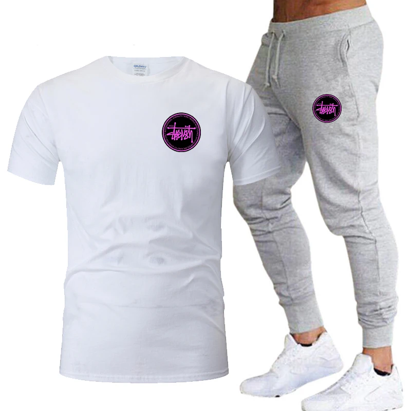 

New popular men's suit round neck T-shirt + pants two piece leisure sportswear men's 2021 leisure T-shirt badge printed pants