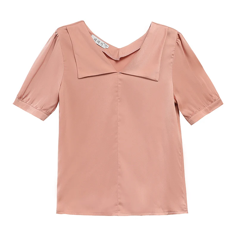 

Lesavir New Fashion Puff Sleeve Solid Color Lapel V-neck Short Sleeve Shirt Women 2021 Summer New Design Niche Tops