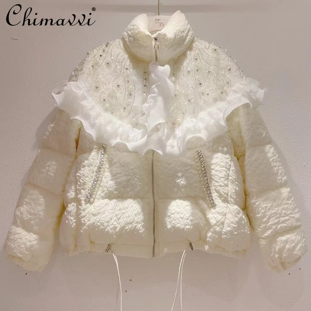

Sweet All-match 2021 Winter New Beaded Mesh Ruffled Stitching Thicken Short Down Cotton-Padded Parkas Women's Stand Collar Top