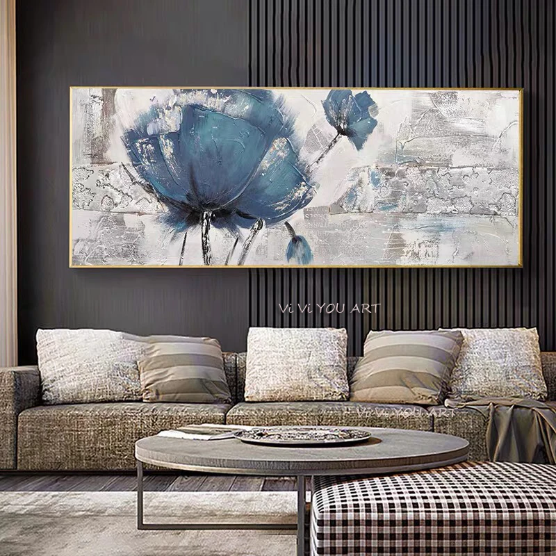 

Картина с голубыми цветами в скандинавском стиле, современная абстрактная картина маслом на холсте, настенное украшение для гостиной, дома...
