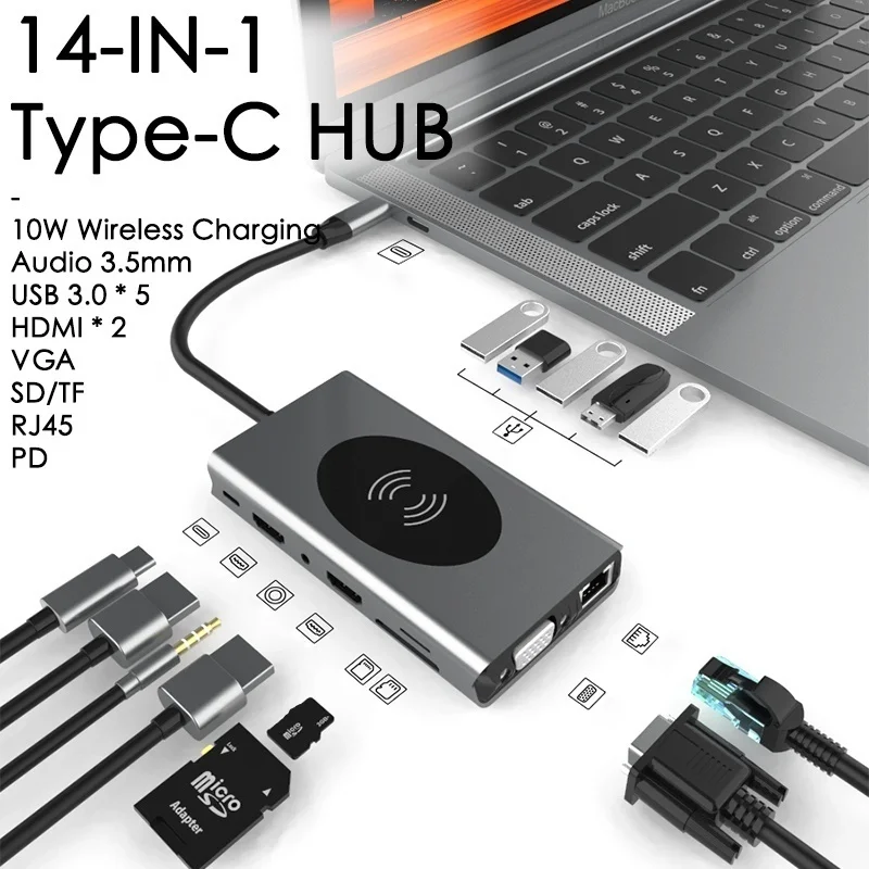 

USB C Hub Type C Adapter 11 in 1 87w Charger Port 4K HD VGA SD TF Card Reader 4 USB3.0 Ports Laptop Accessories For Macbook Pro