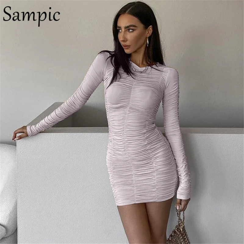 Sampic зимние Ruched Тонкий цвета хаки с длинным рукавом и o образным вырезом мини