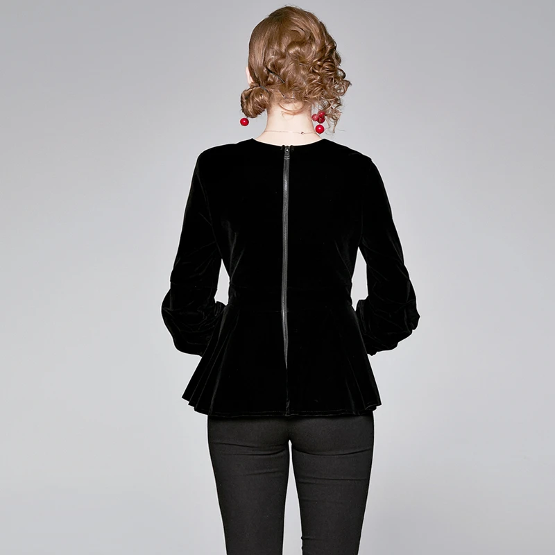 Женские осень зима черный бархат рубашки в винтажном стиле с v образным вырезом и