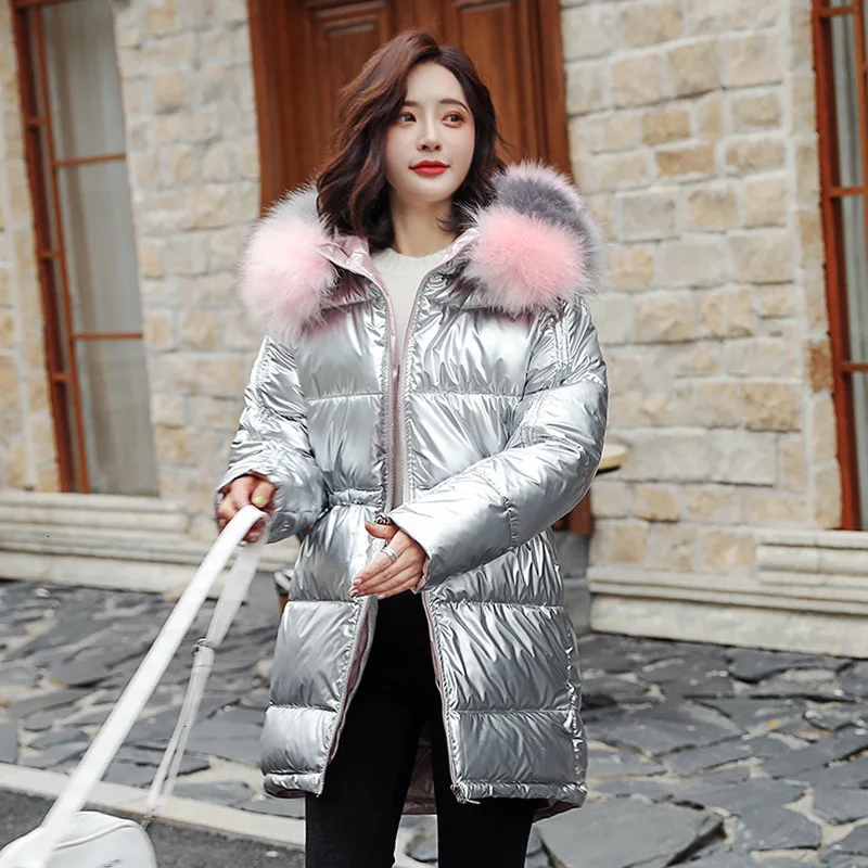 Модные Женские глянцевые пуховики средней длины серебристого цвета большой