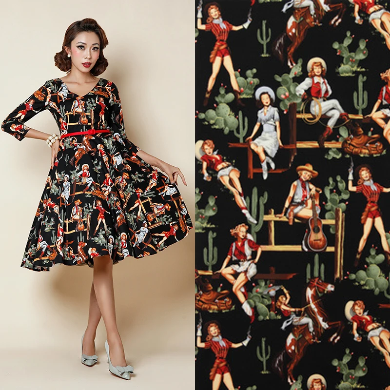 

LEO&LIN Color Restoring Is Twill Printed Poplin DIY Craft Cloth Black Western Girl Patchwork Tissus 50cm