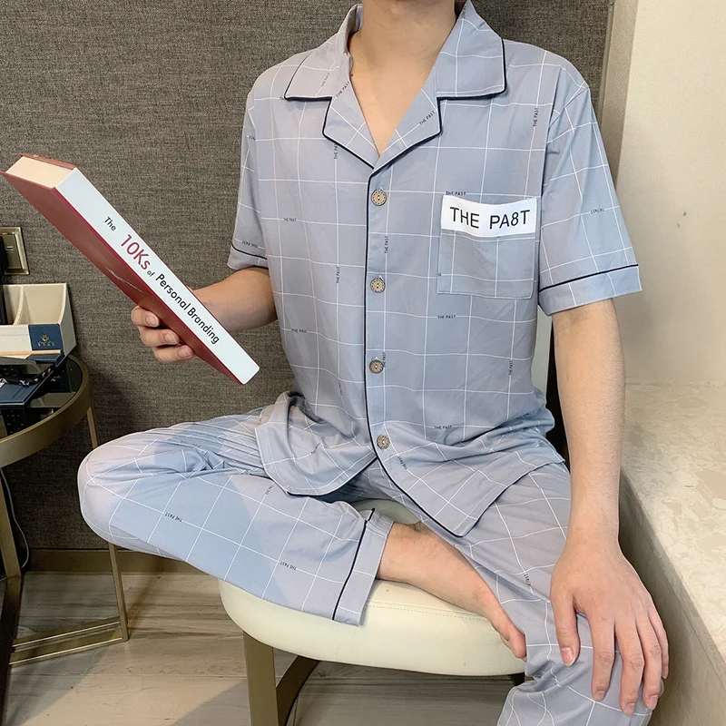 CAIYIER Summer with Short Sleeves Men's Pyjamas Suit Men Leisure Sleepwear Hort Sleeve Long Pants Blue Plaid Pijama 3XL Homewear
