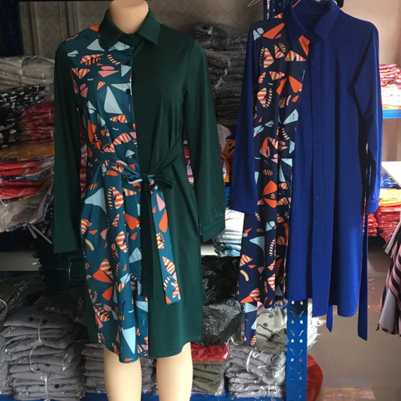 

2020 Elegant Women Shirt Dress Long Sleeve Turn-down Collar Single Breasted Patchwork Printed Office Ladyies Dress