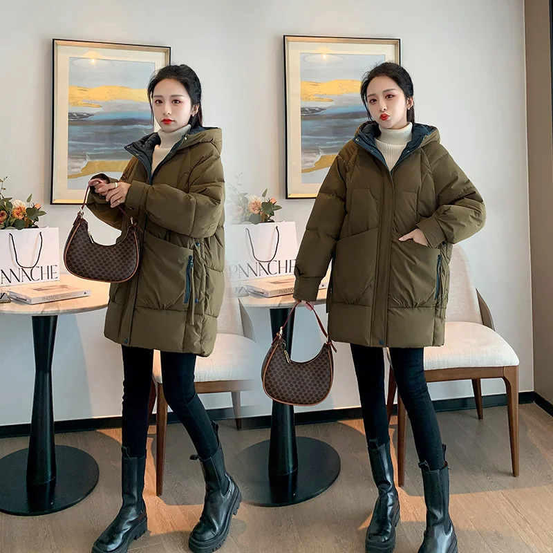 Korean Fashion Loose Hooded Parkas Women Fashion Winter Solid Thick Midi Coats Ladies Pocket Elegant Cotton Casual Jacket Female