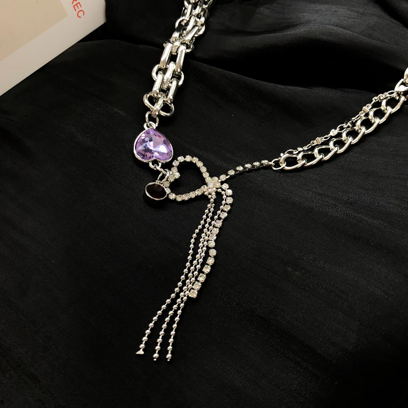 

Fashion Jewelry Chain Necklace New Design Metal High Quality Clear Crystal Purple Glass Heart Pendant Necklace For Women Gifts