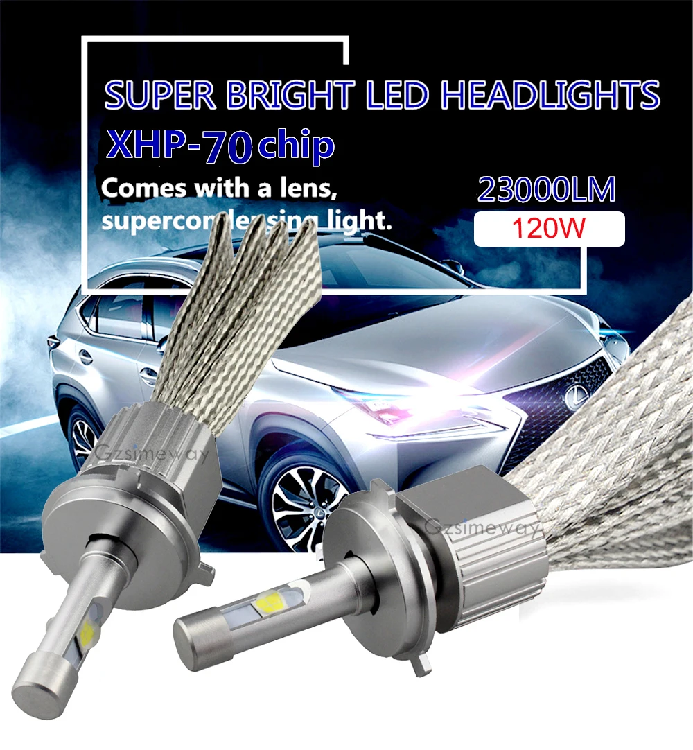 2 шт. H7 светодиодный H4 H11 9005 HB3 9006 HIR2 фар автомобиля 6000 К XHP70 чип 120 Вт 23000LM H13 H8 H9 D2H D2S