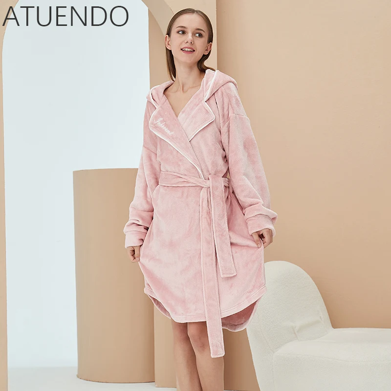 

ATUENDO Winter Warm Flannel Sleepwear Robe for Women Fashion Kawaii Pink Velvet Home Clothes Leisure Atoff Home Satin Bathrobe