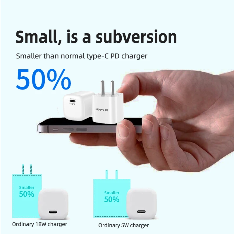 

Awei PD 20W USB Type C Charger For iPhone Mini Quick Charge 3.0 QC PD USBC USB-C Fast Charging Travel Wall Charger Fast Charger