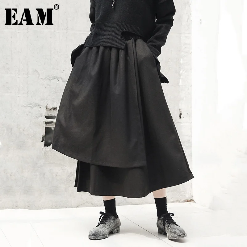 [EAM] 2021 новая весенняя черная Свободная юбка с высокой эластичной талией и
