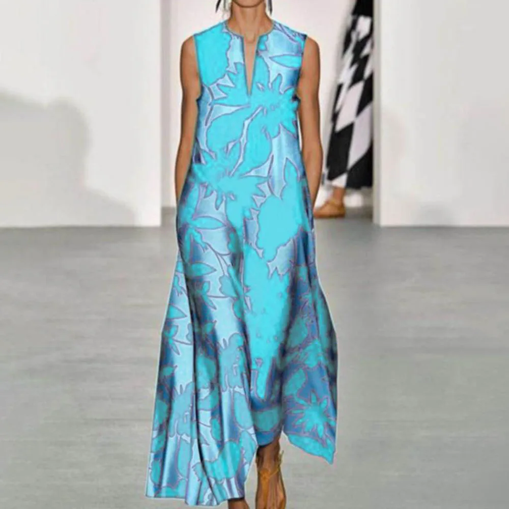 

Summer 2021 Western Style Fashion Explosion V-neck Sleeveless Printing Women's Dress Temperament Casual Simple