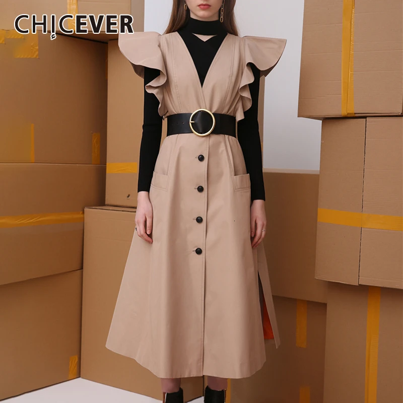Женское платье с оборками CHICEVER из искусственной кожи v образным вырезом и рукавом