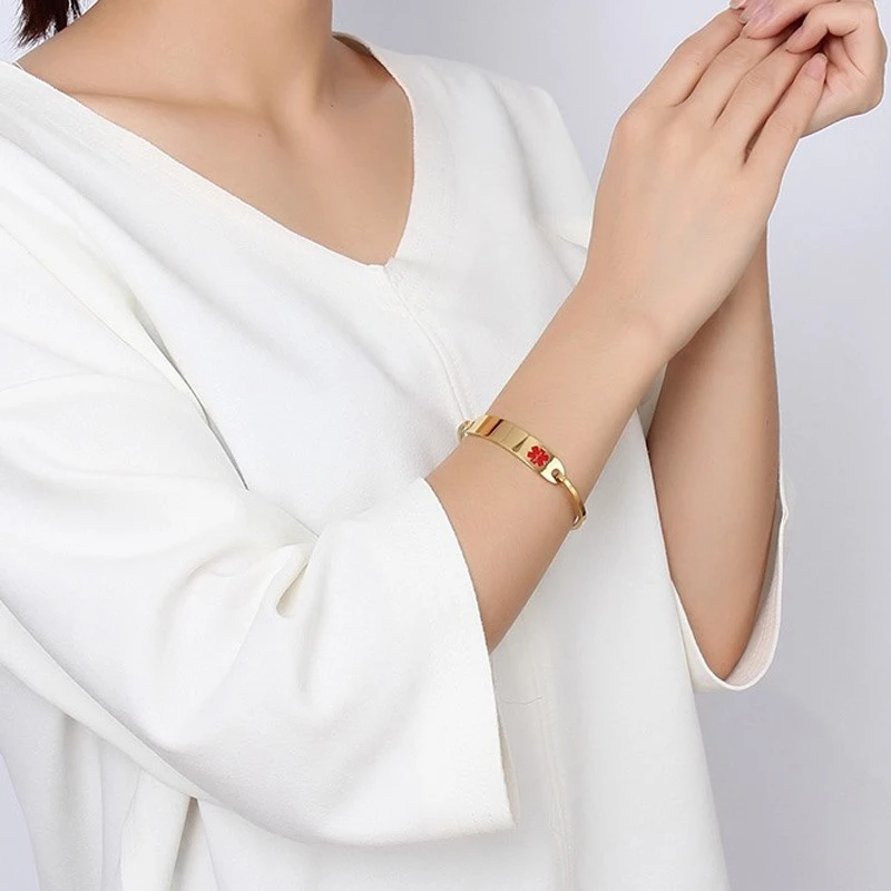 

Women Gold Color Personalize Cuff Bangle Engraved EPILEPSY DIABETES SOS Medical Alert ID Bracelets Jewelry